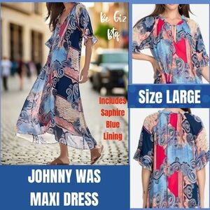 NWT Johnny Was Cordelia Ruffle Sleeve Midi Dress Sapphire Blue Lining Size Large